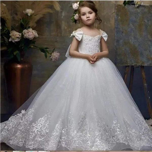 Abiti da ragazza Canotta Manica con fiocco Abito in tulle con fiori Applicazioni Abito da ballo in pizzo Matrimonio Natale Per bambini Gonfio carino Prima comunione