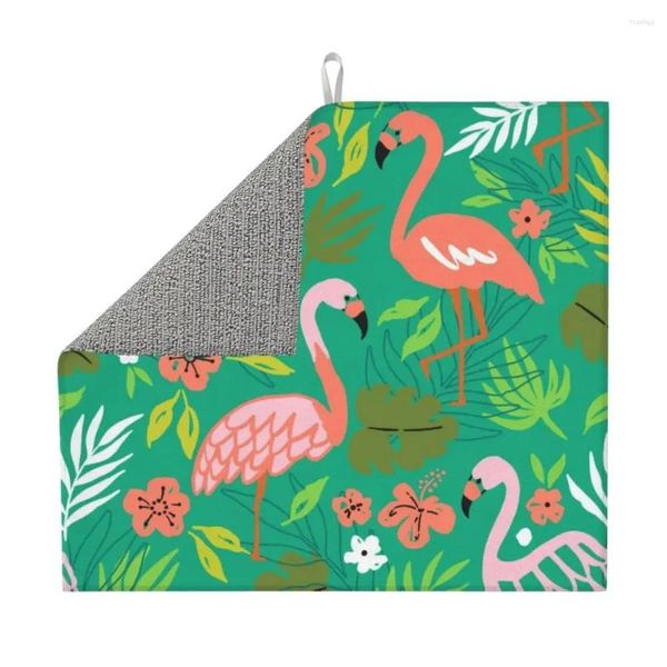 Tischsets, individuell gestaltete Flamingo-Vogel-Geschirr-Abtropfmatte für die Küche, schnell trocknend, super saugfähig, tropische Blumen, Mikrofaser-Geschirr-Abtropfunterlage