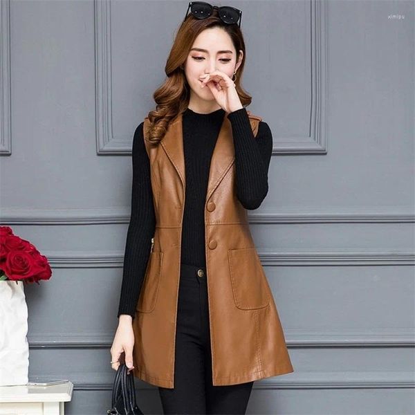 Cappotto da donna in pelle di cotone spesso gilet giacca in PU gilet lungo abito 2024 senza maniche cardigan da donna cappotto nero