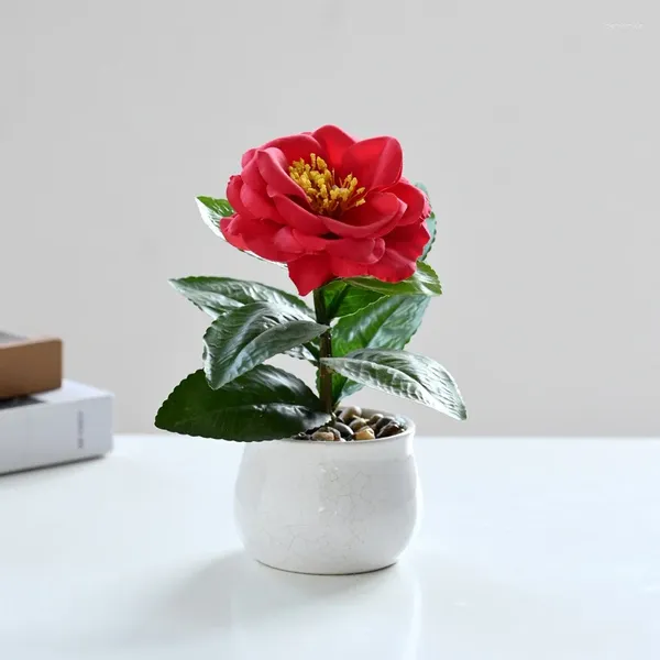 Dekoratif Çiçekler Yapay Camellia Çiçek Mini Bonsai Simüle Pot Bitkileri Sahte Ofis Masa Süsleme Odası Ev Bahçe Dekoru