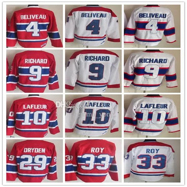 Vintage hokey formaları 10 Guy Lafleur 4 Jean Beliveau 9 Maurice Richard 29 Ken Dryden 33 Patrick Roy Retro CCM Üniformaları