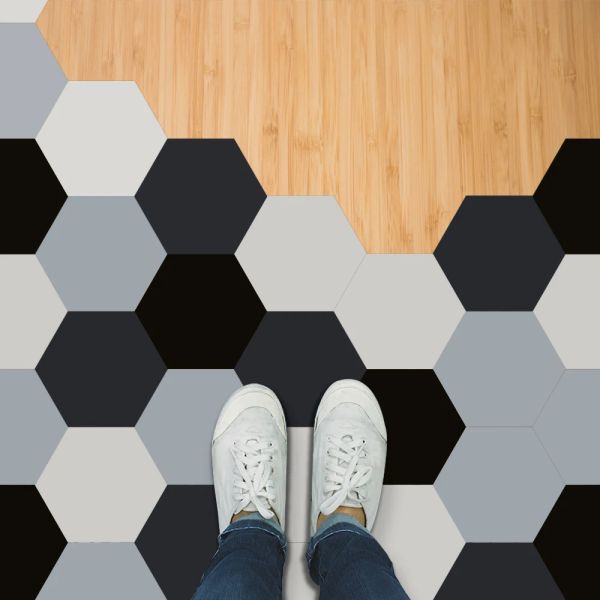 Adesivos 10 pçs preto branco cinza hexágono telhas piso adesivos de parede cozinha banheiro tv sofá decoração da sua casa casca vara arte papel de parede