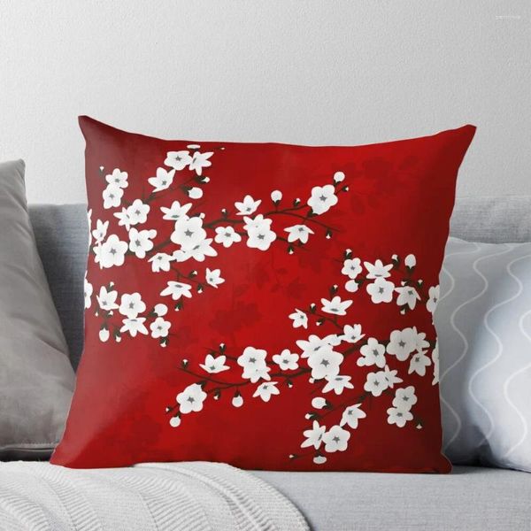 Federa decorativa per cuscino con fiori di ciliegio, rosso, bianco, asiatico, floreale, per bambini