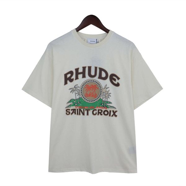 Camiseta masculina meichao rhude novo coqueiro emblema carta impressa masculina e feminina marca de moda solta manga curta camiseta branca