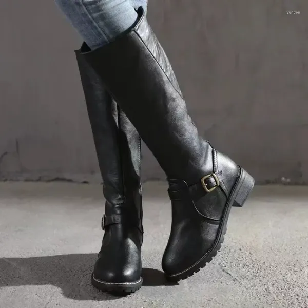 Botas sapatos para mulheres 2024 zíper feminino outono redondo dedo do pé sólido meados de bezerro fivela decoração de salto baixo ocidental