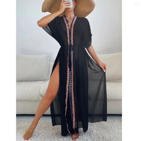 Partykleider 2024 Sommer Chiffon Junge Schwarz Sexy Urlaub Strand Mode Kurzarm Natur Kostenlose Bandage Frauen Lange Lose Spießkleid