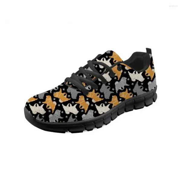 Sapatos casuais femininos chow dog impressão plana senhoras rendas design de moda tênis para adolescentes meninas malha respirável