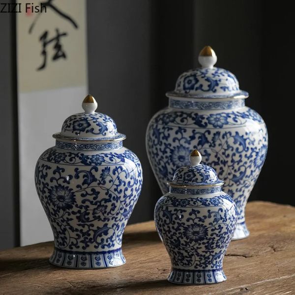 Frascos de armazenamento de porcelana azul e branco, jarra de gengibre, chá, banhado a ouro, tanque de joias de cerâmica, decoração de mesa, recipiente cosmético