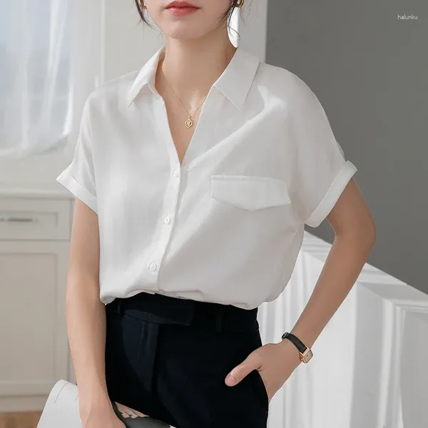 Kadın bluzları beyaz gömlek üstleri bayanlar yaz 2024 ince kısa kollu gevşek düz renk bluz sadelik moda kadın ofis giyim
