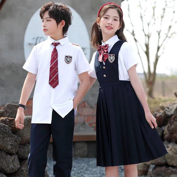 Conjuntos de roupas Criança Uniforme Escolar Japonês Camisa Branca Marinha Plissada Pinafore Vestido Calças Shorts Bow Tie para Menina Menino Roupas Conjunto Estudante