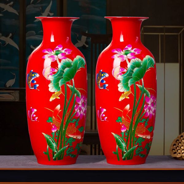 Vasos Jingdezhen Vaso de Cerâmica Moderno Estilo Chinês Lotus Fish Vaso Presentes de Casamento Home Artesanato Artigos de Decoração