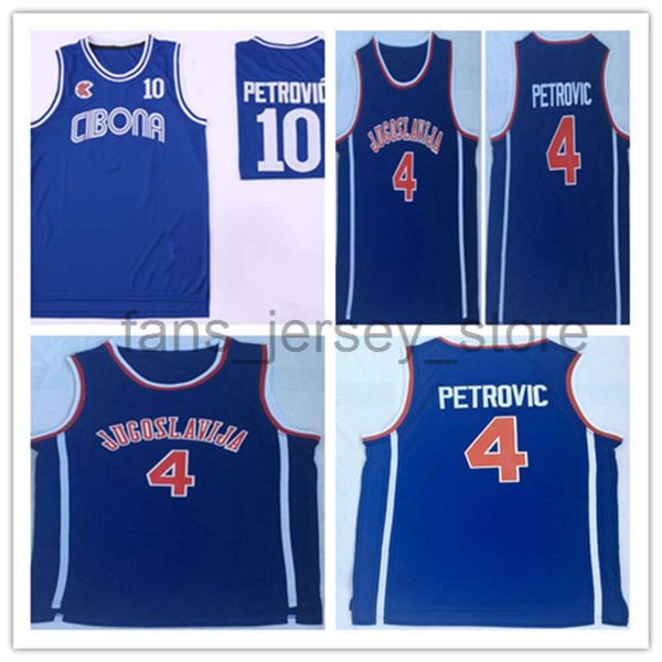 Mens Old Time Cibona Drazen Petrovic # 10 Camisa de basquete Azul Marinha Drazen Petrovic # 4 Jugoslavija Iugoslávia Camisas costuradas S-XXL