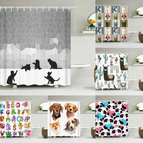 Cortinas engraçado bonito gato cão à prova dwaterproof água poliéster cortina de chuveiro dos desenhos animados bulldog alpaca banho cortinas do banheiro fundo decoração da parede