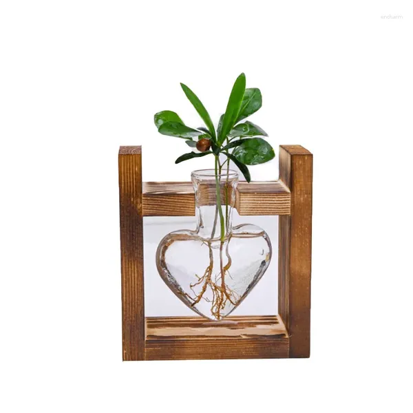 Vasos transparente coração vaso com suporte de madeira desktop plantador de vidro para hidroponia planta vaso de flor mesa casa bonsai decoração