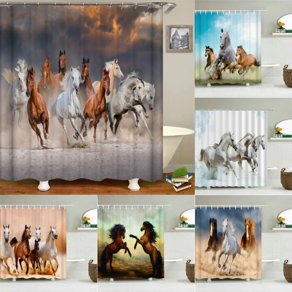 Perdeler Atlar Hayvan Duş Perdeleri Su geçirmez kumaş polyester banyo perdesi ekran ev dekorasyonu 180x200cm kancalar