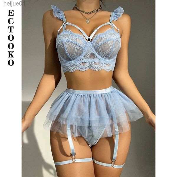 Set sexy ECTOOKO set lingerie ricamata con giarrettiera a tre punti erotica sexy senza spalline in pizzo set esotico trasparente C24325