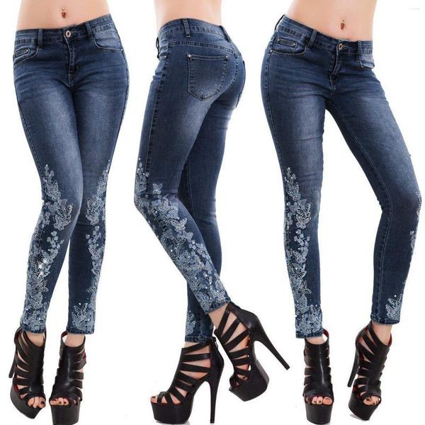 Frauen Jeans Frauen Stickerei Dünne Bleistift Denim Stretch Jean Rompers für lange Hosenhosen dehnbare Frauen