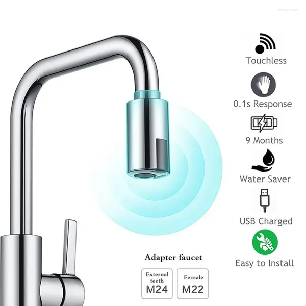 Küchenarmaturen Intelligenter berührungsloser Wasserhahn Wassersparender Sensorhahn Rotlichtsprüher Automatischer Waschbeckenadapter M22/M24 Badezimmer