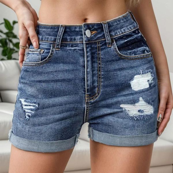 Jeans da donna 2024 pantaloncini di jeans estivi pantaloncini elastici arrotolati con foro strappato con tasche streetwear casual femminile sexy