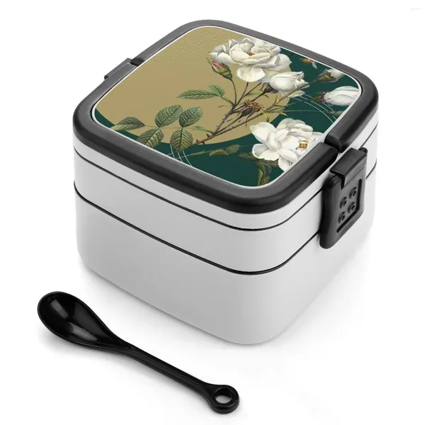 Louça de inverno flores bento caixas de fibra de trigo pp material à prova de vazamento com utensílios de mesa flores florais botânicas ouro branco