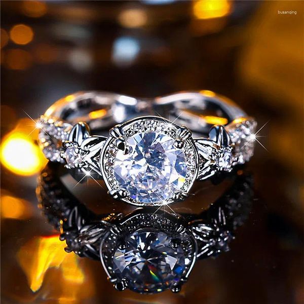 Anéis de casamento de luxo feminino branco redondo zircão pedra anel de noivado na moda cor prata noiva jóias presente para mulher