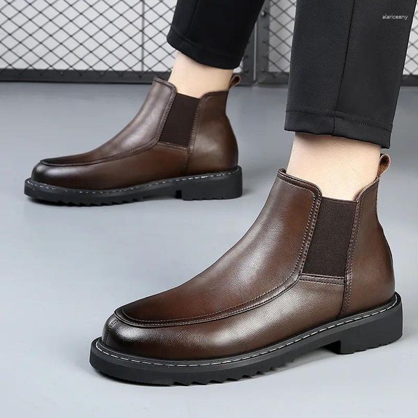 Botas masculinas moda couro genuíno outono inverno sapatos cowboy tornozelo boot festa de baile vestido bonito curto chelsea botas hombre