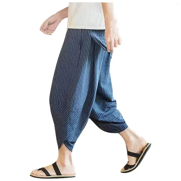 Herrenhosen Baumwolle und Leinen Harem Herren Sommer gestreiftes Druck Baggy Hosen Streetwear Vintage lässige lockere männliche Pantalons