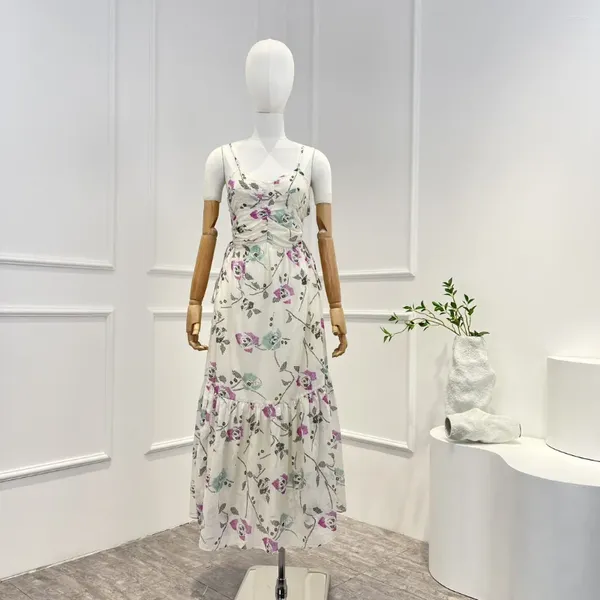 Vestidos casuais 2024 chegada primavera verão de alta qualidade doce impressão floral cordão sem mangas mulher branca camisola midi vestido