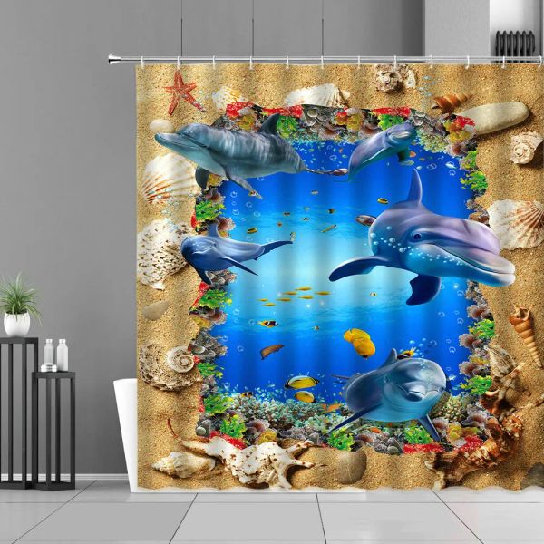 Vorhänge Tier Hai Tropische Fische Ozean Landschaft Duschvorhang Set Wasserdicht Unterwasserwelt Badezimmer Bildschirm