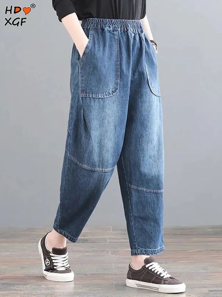 Yüksek bel rahat anne kot pantolon kadınlar sonbahar varış bol kot pantolon vintage düz renk denim gevşek artı boyut 3xl kadın harem pantolon 240320