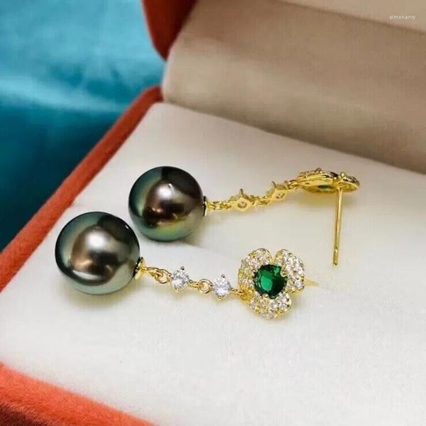 Orecchini pendenti Splendidi orecchini di perle verdi nere rotonde di Tahiti da 10-11 mm lunghi 925 per donne in argento sterling 925