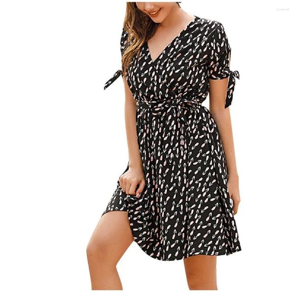 Vestidos casuais retro mulheres vestido chiffon floral de manga curta sexy decote em v plus size verão noite azul multi cor 18