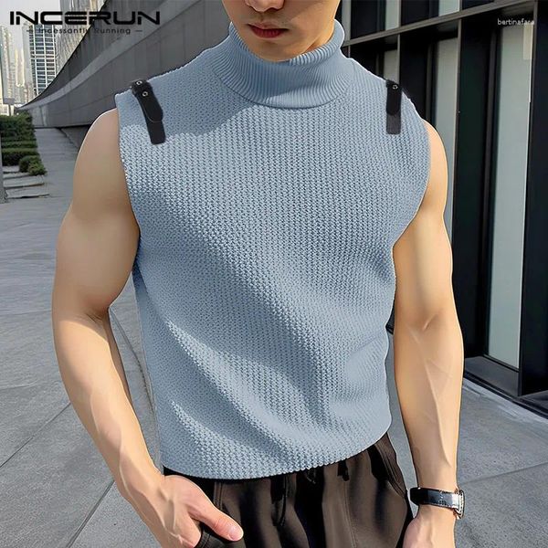 Männer Tank Tops Patchwork Rollkragen Ärmelloses Strick Streetwear Männlichen Westen 2024 Sommer Mode Casual Männer Kleidung INCERUN