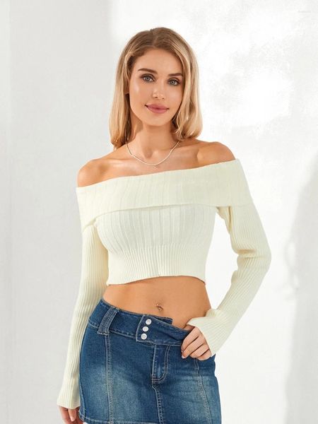 Damen-T-Shirts, schulterfreie Strick-Crop-Tops, einfarbig, U-Boot-Ausschnitt, langärmelig, Pullover, lässig, Basic-T-Shirts