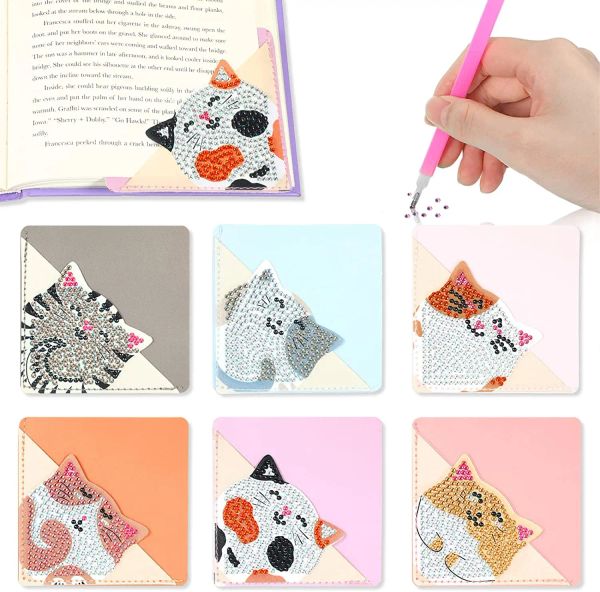 Punto 6 Libri d'angolo per pittura con diamanti fai-da-te Simpatico gattino con diamanti Mosaico Triangolo Segnalibro Set artigianale per regali fatti a mano per bambini
