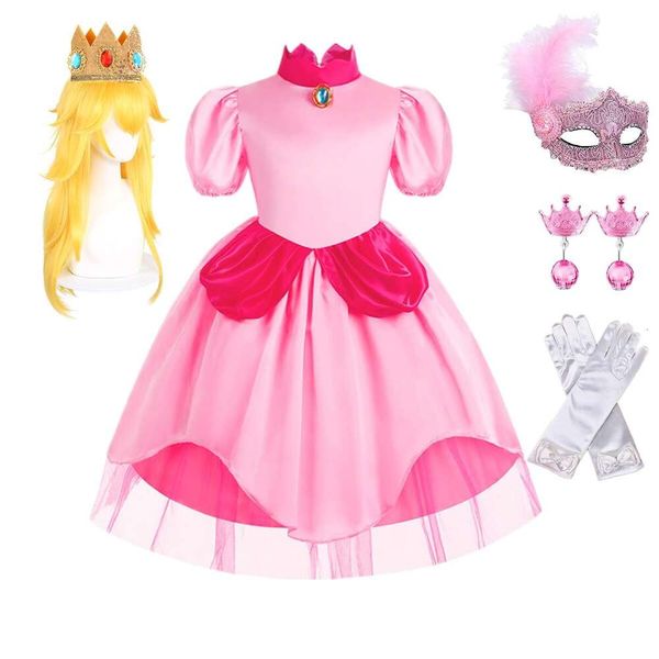 XGYCYXM Costume da Principessa Peach per Ragazze, Costumi per Bambini per Cosplay Festa di Natale di Halloween Vestire con Parrucca