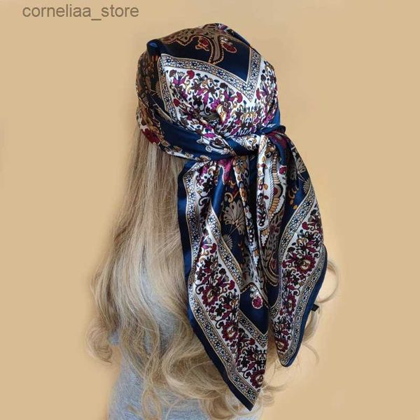 Bandanas Durag Bandanas Durag Seidenschals Frauen Foulard 90CM Quadratischer Kopf Hijab Schal Damen Chiffon Schal Wrap Schalldämpfer Pareo Bandanna Weibliches Kopftuch Y240325