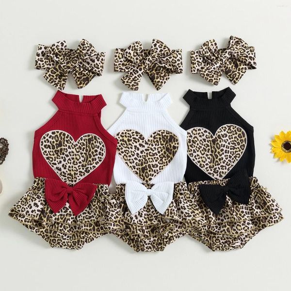 Kleidungssets FOCUSNORM 0-18 Monate 3-teiliges Baby-Mädchen-Sommerkleidungs-Outfit mit Leoparden-Herzdruck, ärmellos, Neckholder, gerippte Weste, Schleife, Shorts, Stirnband