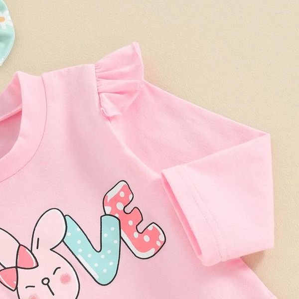 Set di abbigliamento T-shirt con volant a maniche lunghe con stampa di lettere per bambina e bambina, con pantaloni e vestiti con fascia