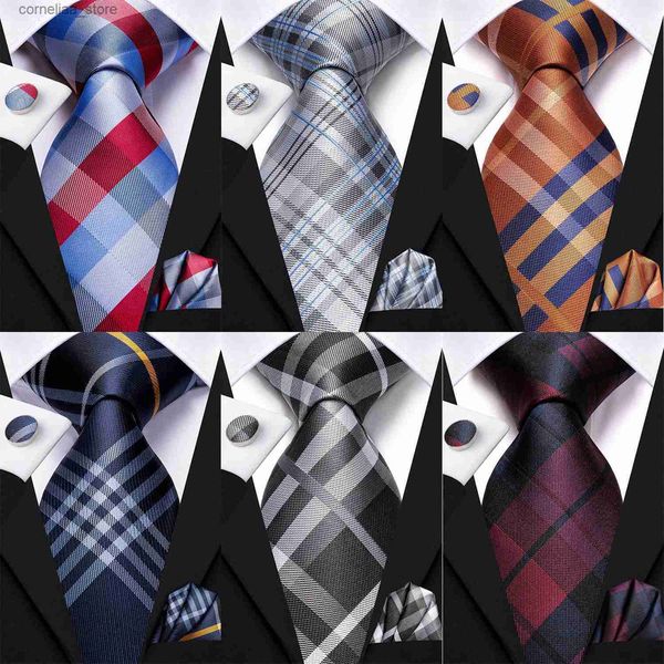 Cravatte Cravatte Hi-Tie Designer Cravatta da sposa in seta per uomo Blu Bianco Plaid Handky Gemelli Set Cravatta moda per uomo Business Party All'ingrosso Y240325