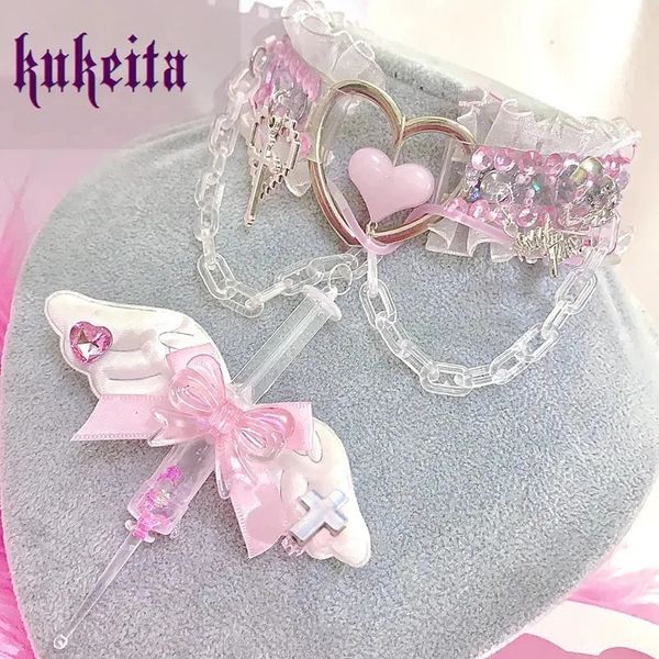 Kukeita El Yapımı Kawaii Angel Wing Yay Saketi Y2K Harajuku Aşk Rhinestone Ruffles Zincir Şırınga Kolye Lolita Aksesuarları 240315