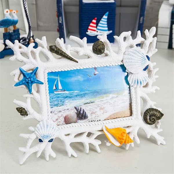 Moldura estilo mediterrâneo, barco à vela, moldura de foto, concha de estrela do mar, molduras de madeira, decoração criativa personalizada para casa