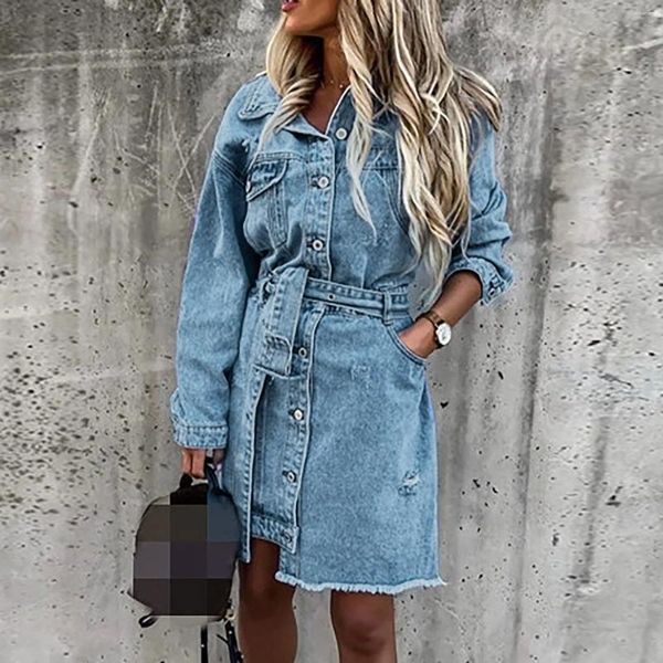 Vestidos casuais mulheres assimétricas denim vestido turn-down colarinho botão mini com cinto manga longa elegante azul robe femmes