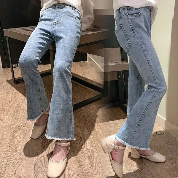 Primavera verão adolescentes roupas de menina jeans moda retalhos harajuku apertado queimado calça criança alta cintura elástica 12 anos 240318