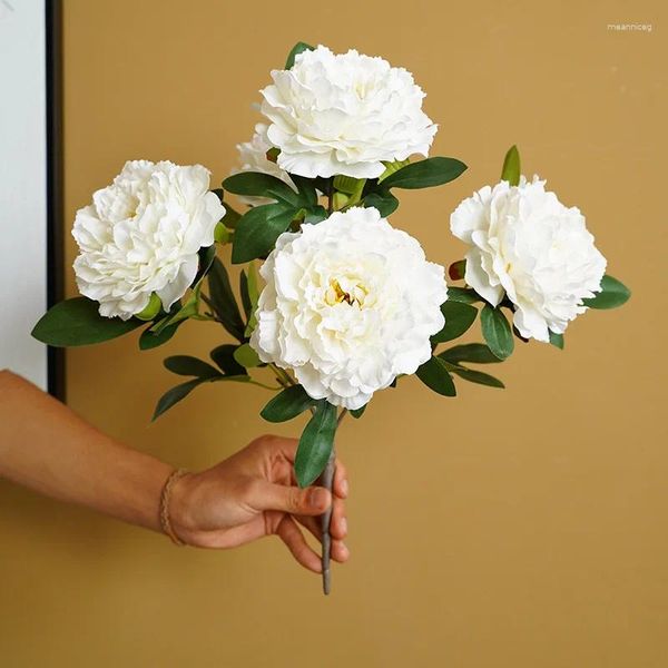 Flores decorativas 40cm rosa rosa branco seda peônia buquê artificial 5 cabeças grandes falso para casa decoração de casamento interior