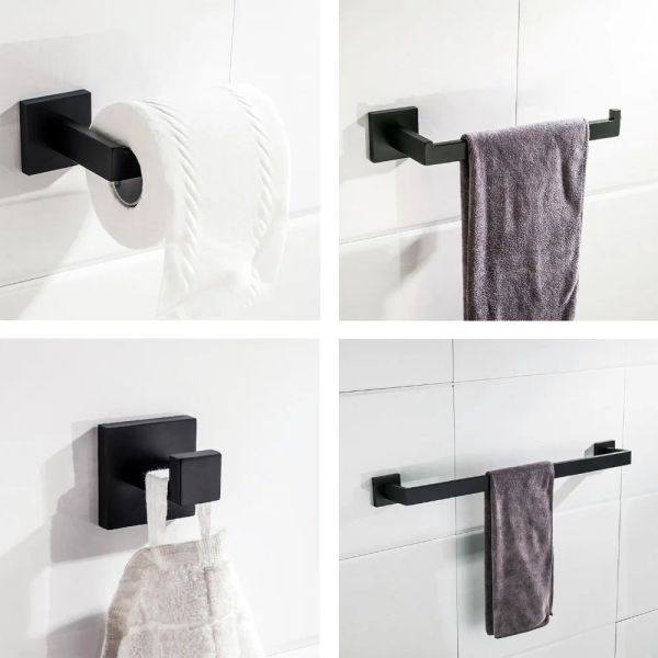 Set di accessori hardware per il bagno in acciaio inossidabile nero opaco, set di ganci per accappatoio, portasciugamani, portasciugamani e porta carta igienica