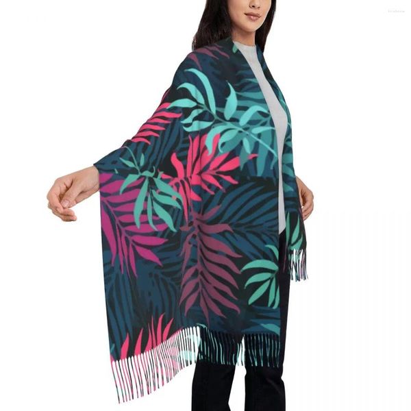 Lenços Tropical Palm Cachecol Colorido Folhas de Árvore Xales Quentes e Envoltórios com Borla Feminino Casual Grande Inverno Bufanda Mujer