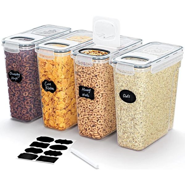 Organização Recipientes de armazenamento de cereais 4L com tampas 1/2/4 unidades Tanque hermético para alimentos à prova de umidade com etiquetas adesivas Caixa de organização de cozinha