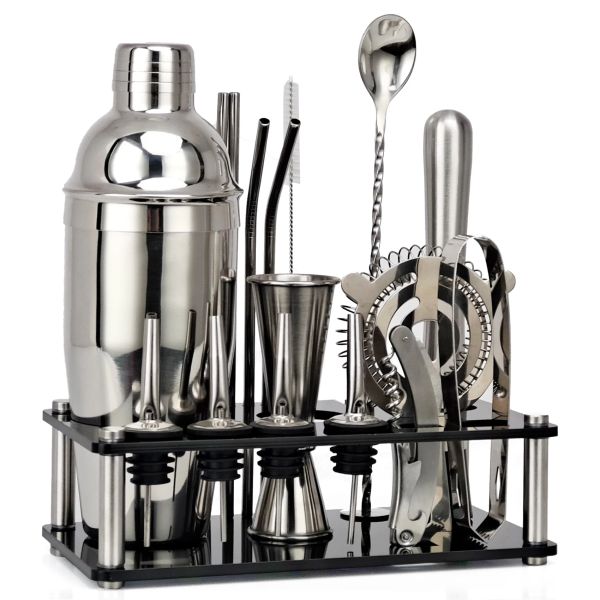 Rahmen 550 ml/750 ml Edelstahl Schwanz Shaker Mixer Getränk Barkeeper Kit Bars Set Werkzeuge mit Weinregal Ständer Werkzeug für Geburtstagsgeschenk