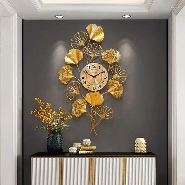 Relógios de parede Relógio Moderno Sala de estar Decoração Grande Luxo Decoração de Casa Relógio de Metal Ginkgo Art Pintura Reloj de Pared